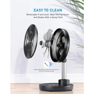 Foldable 12 Inch Remote Controlled Pedestal Fan with 70° Wide Range Oscillation, 6 Gear Timer, and 12000mAh Battery for Indoor and Outdoor Use