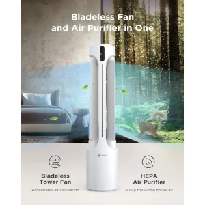 Silent Bladeless Oscillating Pedestal Fan with 2-in-1 HEPA Filter Air Purifier and Remote Control, 45-Inch 5 Modes 24 Speeds, 15H Timer, DC Inverter Motor