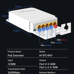 Outdoor 1000Mbps 5-Port Gigabit PoE++ Repeater with 100M Extension and IP55 Waterproof Rating