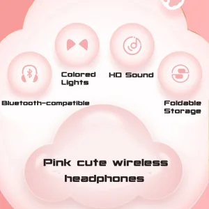 Stereo Foldable Pink Headphones with Cat Ear Design, Bluetooth Wireless Headset for Kids Girl Gift Ideas