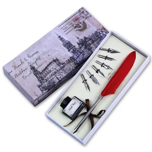 Vintage-Inspired Quill Dip Pen and Ink Set Stationery Gift Box with 6 Calligraphy Fountain Pen Nibs and Empty Ink Bottle