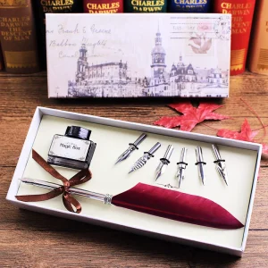 High-Quality Vintage Colored Feather Quill Dip Pen Writing Ink Set with 6 Assorted Calligraphy Fountain Pen Nibs and Wooden Gift Box