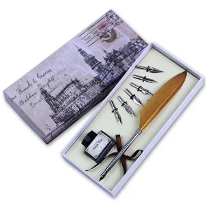 Vintage-Inspired Quill Dip Pen and Ink Set Stationery Gift Box with 6 Calligraphy Fountain Pen Nibs and Empty Ink Bottle