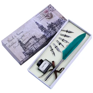 Vintage Colored Feather High quality Quill Dip Pen Writing Ink Set Stationery Gift Box with 6 Nibs Calligraphy Fountain Pen