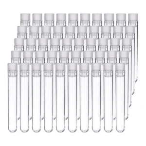 100 Piece Set of Clear Plastic Lab Test Tubes with White Screw Caps, 12x75mm, for Holding Small Items, Liquids, and Samples