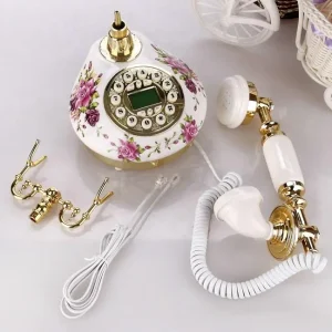 Vintage China Ceramic Landline Phone with Polished Metal Parts and Automatic Time and Date Update for Home Decor or Gift Giving