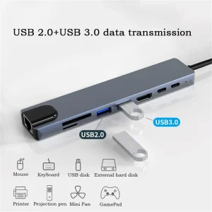 Type-C 3.1 8 in 1 Expandable Hub with 4K HDMI, USB 3.0, PD Fast Charging, RJ45 Ethernet, SD TF Card Reader for MacBook Laptop Computer