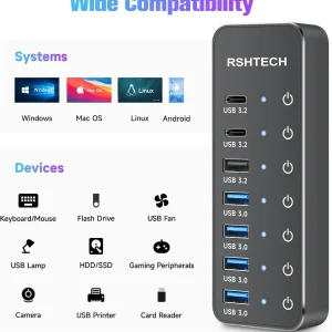 Aluminum USB Hub with 7 Ports, 10Gbps USB-C 3.2, and 5V Universal Power Supply for Laptop and Desktop