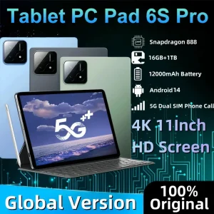 Global Version 11 Inch 4K HD Android 14 Tablet PC 16GB RAM 1TB Storage 12000mAh Battery 5G Dual SIM WiFi Bluetooth Original Pad 6S Pro