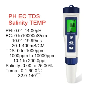 5 in 1 Advanced Water Quality Tester Digital PH Meter TDS EC Salinity Temperature Conductivity Tester with Backlight for Aquariums and Water Filters