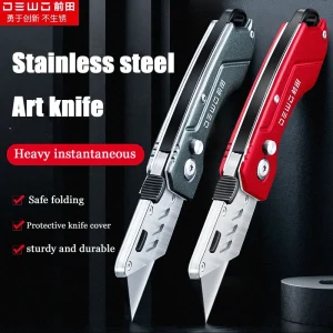 Industrial Grade Stainless Steel Utility Knife for Heavy Duty Cutting, Thickened Folding Blade for Wallpaper, Cable Stripping and More