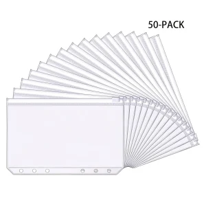 High-Quality 50 Piece Binder Pocket Set for 6-Ring Binders A5 A6 A7 Sizes, Budgeting Cash Envelopes with 6 Holes