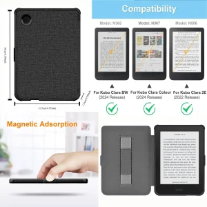 Kobo Clara 2E Colour BW 2024 6 inch e-Book Protective Case with Hand Belt Holder Strap and Auto Sleep Wake Function