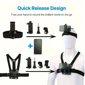 Action Camera Kit with Adjustable Head Strap and Chest Strap Mount for Enhanced Stability and Versatility in POV Shooting