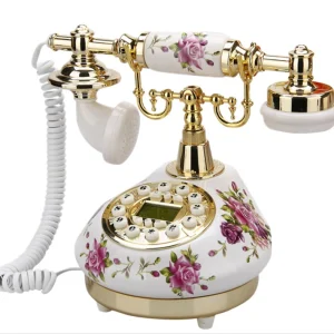 Vintage China Ceramic Landline Phone with Polished Metal Parts and Automatic Time and Date Update for Home Decor or Gift Giving