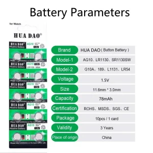 1.55V Lithium AG10 LR1130 Button Cell Battery for Watch Hearing Aid Flashlight Calendar Toys and Alkaline Devices