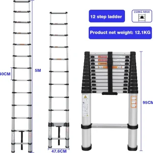 Sturdy 2.6M-5M Telescoping Ladder with EN131 Certification and 330lb Load Capacity for Home, Kitchen, Bathroom, Garage and More