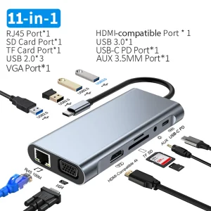 11-in-1 Type-C Hub with HDMI, USB 3.0, USB 2.0, PD 87W, TF, SD, 100M RJ45, AUX, and VGA Ports for MacBook and Laptop Expansion