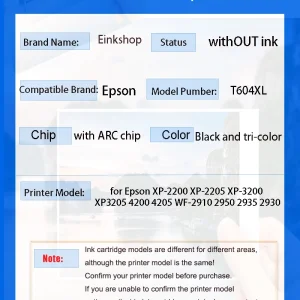 ARC Chip Refillable Ink Cartridge for European Epson Printers XP-2200 XP-2205 XP-3200 XP-3205 XP-4200 XP-4205 WF-2910 WF-2950 T604 604XL Model