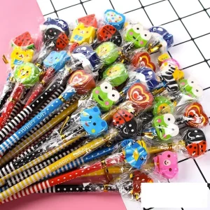 Wooden HB Pencil Set with Removable Eraser, Random Cartoon Animal Design, Perfect for School Students and Kids