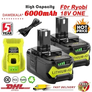 High Capacity 18V 6000mAh Li-ion Replacement Battery for RYOBI P108 One+ Plus Cordless Power Tools