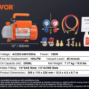 Premium 3.5/4.5 CFM Single Stage Rotary Vane Air Conditioning Refrigerant Vacuum Pump and Manifold Gauge Set for HVAC and Automotive Maintenance