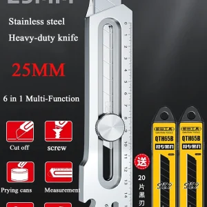 Stainless Steel 25MM Retractable Utility Knife with 6 in 1 Multi-Tool Functionality for Heavy-Duty Cutting