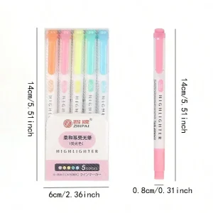 5 Color Dual Tip Highlighter Pens Set for School and Office Use, Angled Tip Markers for Highlighting and Color Coding