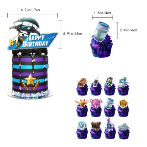 Ultimate Fortnition Birthday Party Pack with 24 Cupcake Toppers, 16 Balloons, Cake Topper and Personalized Banner for Unforgettable Celebration