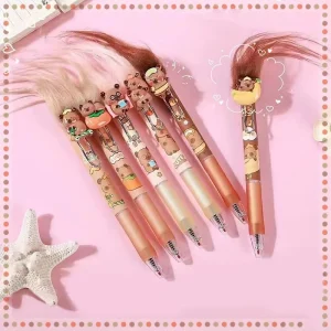 Kawaii Random 1PC Cartoon Character Frying Hair Capybara Gel Pen for School and Office Use, 0.5mm Tip Stainless Steel Writing Instrument