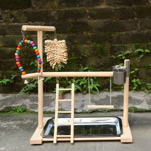 Wooden Parrot Playstand with Stainless Steel Feeding Cups and Climbing Ladder for Parakeet Cockatiel Lovebirds