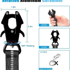 Heavy Duty No Pull Reflective Shock Absorbing Large Dog Leash with Car Seatbelt and Quick Release Carabiner