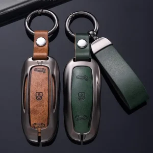 Premium Leather and Zinc Alloy Car Key Case Cover Holder Protector for Tesla Model 3 Model S Model Y Model X Smart Remote Fob Keychain Accessories