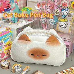 Japanese Style Cute Toast Cat Plush Pencil Case for Kids Back to School Study Stationery