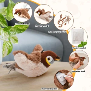 Interactive Rechargeable Chirping Bird Cat Toy with Catnip for Indoor Feline Fun and Exercise