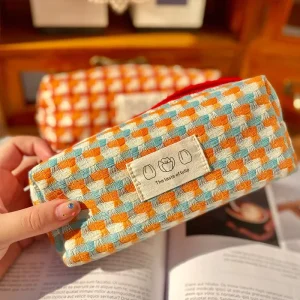 Japanese Inspired Rainbow Plaid Pencil Case for Girls – Cute Simple Portable Back to School Supplies