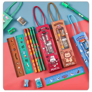 Kawaii 5-in-1 Cartoon Pencil Stationery Set for Kids Back to School Supplies with Ruler Eraser and Sharpener