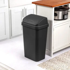 13 Gallon Trash Can Plastic Swing Top Kitchen Trash Can Black Easy-to-clean textured surface Durable design will hold