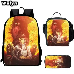 3Pcs Set Attack on Titan School Backpack with Lunch Bags Pencil Bags for Kindergarten ,Cartoon School Bags for Boys Girls