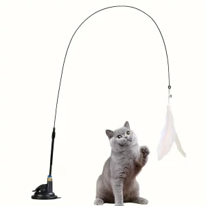 Interactive Cat Teaser Feather Wand with Bell and Long Suction Cup Pole for Engaging Playtime Fun