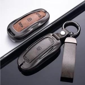 Premium Leather and Zinc Alloy Car Key Case Cover Holder Protector for Tesla Model 3 Model S Model Y Model X Smart Remote Fob Keychain Accessories