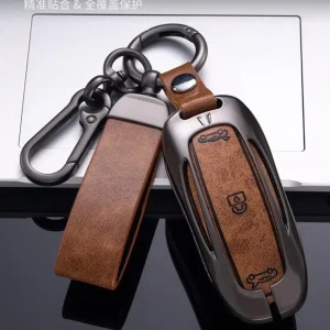 Genuine Leather and Zinc Alloy Car Keychain Holder Case Cover Protector for Tesla Model 3 Model S Model Y Model X Smart Key Fob Accessories