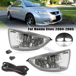 2004-2005 Honda Civic ES1 ES5 ES6 ES7 ES8 Front Bumper Fog Light Assembly Kit with Halogen H11 55W Bulb and LED Running Headlights