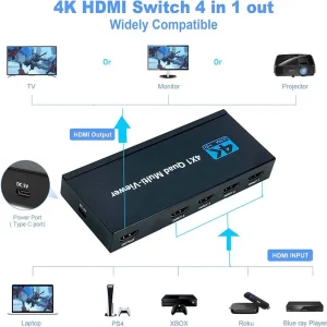 4K HDMI Quad Screen Multiviewer Switcher 4×1 HDMI Monitor Splitter 4 in 1 out Multi-Viewer for Camera Laptop PC TV with 5 Display Modes