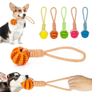 Interactive Dog Toy Balls with Rope for Small to Large Breed Dogs, Natural Rubber Tough Durable Pet Treat Dispenser for Chewing and Teething, Bite Resistant Pet Supplies