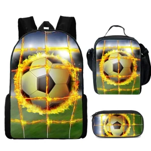 3 Pcs Set Soccer 3d Print School Bag for Boys with Lunch bag Pencil Case Football Patten Backpack Custom Add Your Text Logo