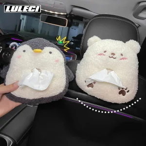 Universal Car Paper Holder with Cute Cartoon Penguin and Polar Bear Plush Animal Design for Auto Room Decoration and Storage