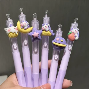 Kawaii Gel Pen Set for Back to School Season – 6 Colors Purple Star-Shaped Pens with Fine 0.5mm Tips for Artistic Stationery Lovers