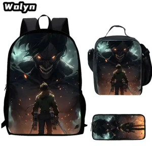 3Pcs Set Attack on Titan School Backpack with Lunch Bags Pencil Bags for Kindergarten ,Cartoon School Bags for Boys Girls