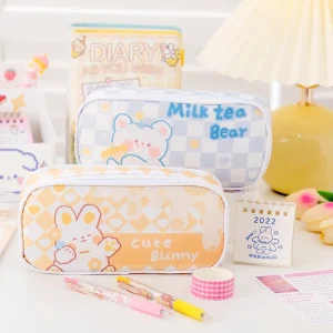 Ins Korean Lovely Pencil Case Cute Cartoon Bear Bunny Checkerboard Pencil Bag Student Stationery Storage Bag Back To Shcool